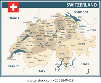 Switzerland Map Vector Vintage Dark Blue Beige - Customizable layered political map of Switzerland with administrative divisions for website, education, reports, news, politics, print, poster and wall