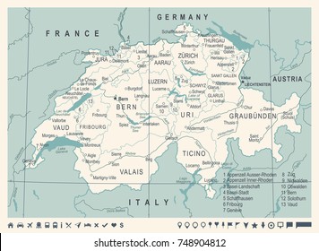 Switzerland Map - Vintage Detailed Vector Illustration