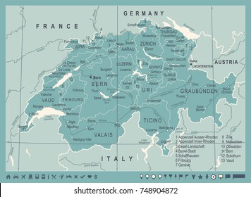 Switzerland Map - Vintage Detailed Vector Illustration