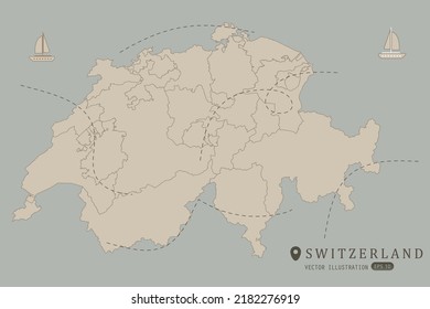 Mapa de Suiza - Mapa mundial Mapa internacional de vectores Alto detalle con color marrón aislado en fondo gris incluyendo punto de ubicación simple, viento, icono de barco - Ilustración vectorial eps 10