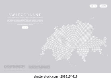 Mapa de Suiza - Plantilla de vector de mapa mundial con puntos blancos, cuadrícula, grunge, estilo de medio tono aislado en fondo gris para educación, infografía, diseño, sitio web - Ilustración vectorial eps 10