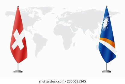 Switzerland and Marshall Islands flags for official meeting against background of world map.