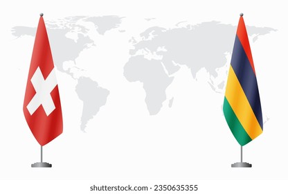 Switzerland and Mauritius flags for official meeting against background of world map.