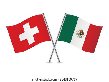 Suiza y México cruzaron banderas. Banderas suizas y mexicanas de fondo blanco. Conjunto de iconos del vector. Ilustración vectorial.