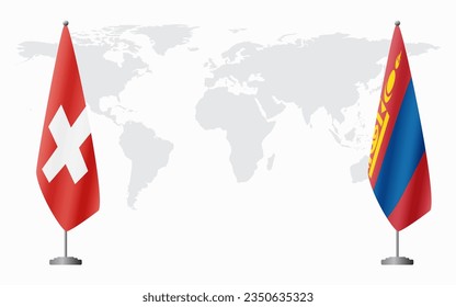 Switzerland and Mongolia flags for official meeting against background of world map.