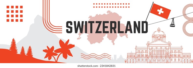 Schweiz Nationaltagsbanner mit Karte, Flaggenfarben Themenhintergrund und geometrischer Abstraktion. Schweizer Thema. Matterhorn-Vektorgrafik.