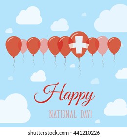 Switzerland National Day Flat Patriotic Poster. Row of Balloons in Colors of the Swiss flag. Happy National Day Switzerland Card with Flags, Balloons, Clouds and Sky.
