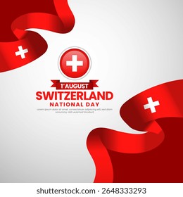 Switzerland national day greeting card, square banner background with warving ribbon flag