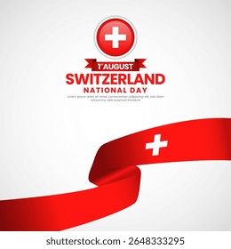 Switzerland national day greeting card, square banner background with warving ribbon flag