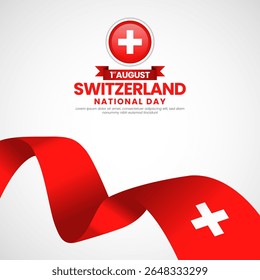 Switzerland national day greeting card, square banner background with warving ribbon flag
