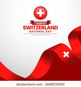 Switzerland national day greeting card, square banner background with warving ribbon flag