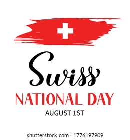 Switzerland National Day hand lettering with brush stroke flag. Swiss holiday typography poster. Easy to edit vector template for banner, flyer, sticker, shirt, greeting card, postcard, etc.