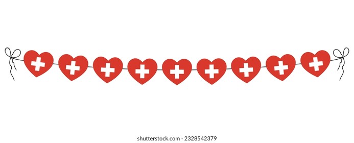 Switzerland National Day, swiss flag hearts garland, string of hearts, decoration, vector illustration