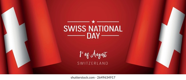 Switzerland national day vector banner, greeting card. Swiss wavy flag in 1st of August national patriotic holiday horizontal design