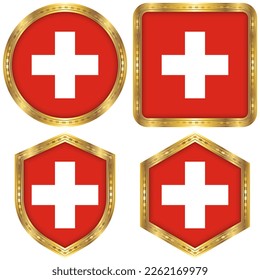 Switzerland National Flag Collection Set of Circular, Square, Shield, Hexagon Gold Border Logo Button Icon Vector Design Isolated on White Background