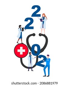 Switzerland national flag on a stethoscope with doctors and year 2022 on a white background. Postcard on the topic of fighting the epidemic. Health workers in the new year.