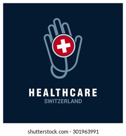 Switzerland National flag on stethoscope - Health care logo - Medical Logo - specialist doctors in Country - Hospital Clinic Logo - Helping Hand Logo - Charity Help Vector illustration