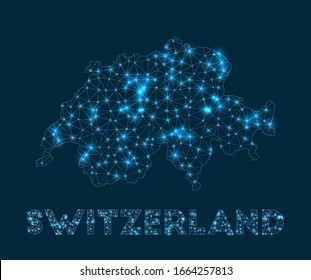 Netzwerkkarte Schweiz. Abstrakte geometrische Karte des Landes. Internetanschlüsse und Telekommunikation. Kreative Vektorillustration.