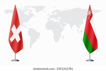 Switzerland and Oman flags for official meeting against background of world map.
