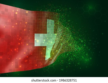 Switzerland, on vector 3d flag on green background with polygons and data numbers