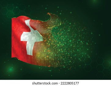Switzerland, on vector 3d flag on green background with polygons and data numbers