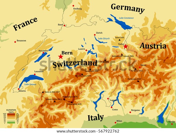 Switzerland Physical Vector Map Cities Mounts Stock Vector Royalty   Switzerland Physical Vector Map Cities 600w 567922762 