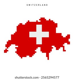 Switzerland pixel flag map icon. 8 bit pixel art Swiss map covered with flag. Flat vector illustration isolated on white background.