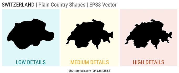 Switzerland - plain country shape. Low, medium and high detailed maps of Switzerland. EPS8 Vector illustration.