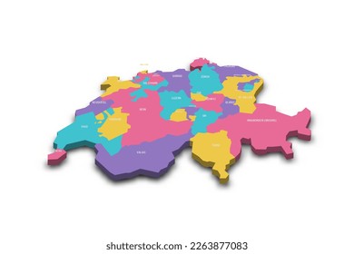 Switzerland political map of administrative divisions - cantons. Colorful 3D vector map with dropped shadow and country name labels.