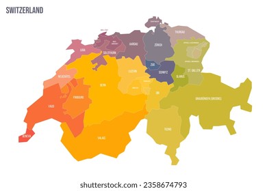 Switzerland political map of administrative divisions - cantons. Colorful spectrum political map with labels and country name.