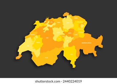 Switzerland political map of administrative divisions - cantons. Yellow shade flat vector map with name labels and dropped shadow isolated on dark grey background.