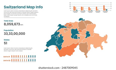 Switzerland political map of administrative divisions states, Colorful states in Switzerland map infographic, Switzerland Map Info, Switzerland Population.