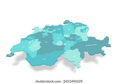 Mapa político das divisões administrativas da Suíça - cantões. Mapa de vetor turquesa 3D com rótulos de nome.