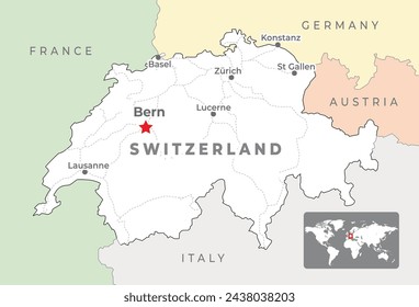 Switzerland Political Map with capital Bern, most important cities and national borders svg