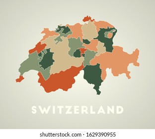 Switzerland poster in retro style. Map of the country with regions in autumn color palette. Shape of Switzerland with country name. Creative vector illustration.