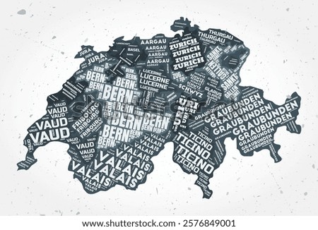 Switzerland regions word cloud in a typographic style on a textured background. Vector illustration of the country's shape with regional names.