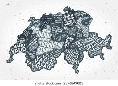 Switzerland regions word clouds. Country shape on textured background. Switzerland design in typographic style. Amazing vector illustration.