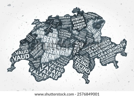 Switzerland regions word clouds. Country shape on textured background. Switzerland design in typographic style. Amazing vector illustration.