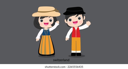 switzerland republc in national dress with a flag. Man and woman boy in traditional costume. Travel switzerland. People.illustrationa