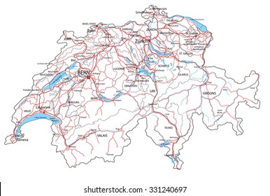 Switzerland road and highway map. Vector illustration.