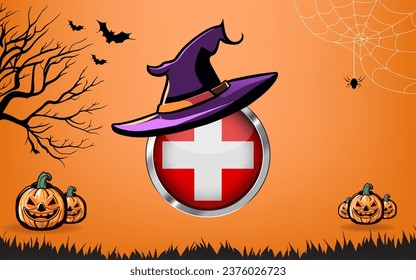 switzerland round flag with Happy Halloween banner or party invitation background. bats, spiders and pumpkins, orange background