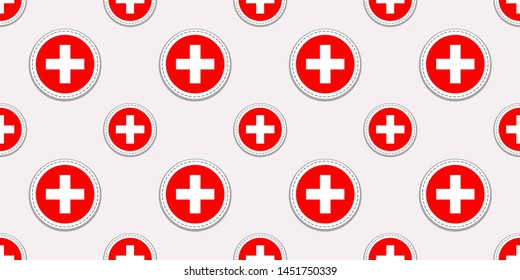 Switzerland round flag seamless pattern. Swiss background. Vector circle icons. Geometric helvetic symbols. Texture for sports pages, competition, games. travelling, designs. patriotic wallpaper