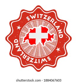 Switzerland round grunge stamp with country map and country flag. Vintage badge with circular text and stars, vector illustration.