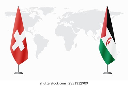 Switzerland and Sahrawi Arab Democratic Republic flags for official meeting against background of world map.