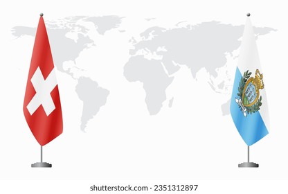 Switzerland and San Marino flags for official meeting against background of world map.