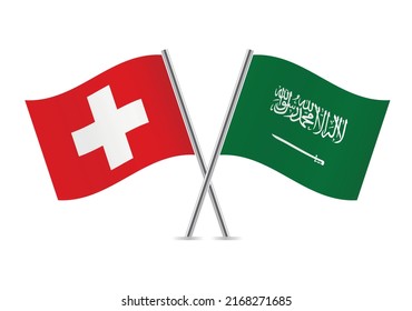 Switzerland and Saudi Arabia crossed flags. Swiss and Saudi Arabian flags on white background. Vector icon set. Vector illustration. 