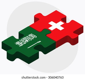 Switzerland and Saudi Arabia Flags in puzzle isolated on white background
