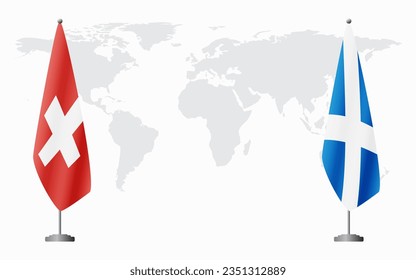 Switzerland and Scotland flags for official meeting against background of world map.