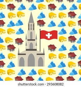 Switzerland seamless pattern of symbols of country. Banks and Alps, cheese and Bern Cathedral. Vector background. 