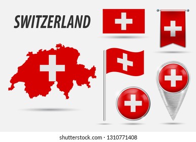 SWITZERLAND. Set flag, map pointer, button, waving flag, symbol, flat icon and map in the colors of the flag. Vector illustration of collection of national symbols on various objects. Vector EPS 10